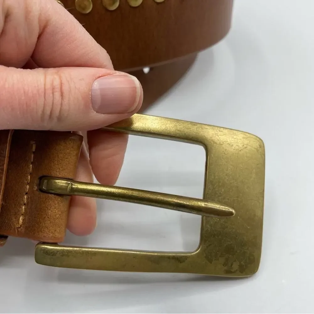 Brown Leather Gold Studded Womens Belt L_2
